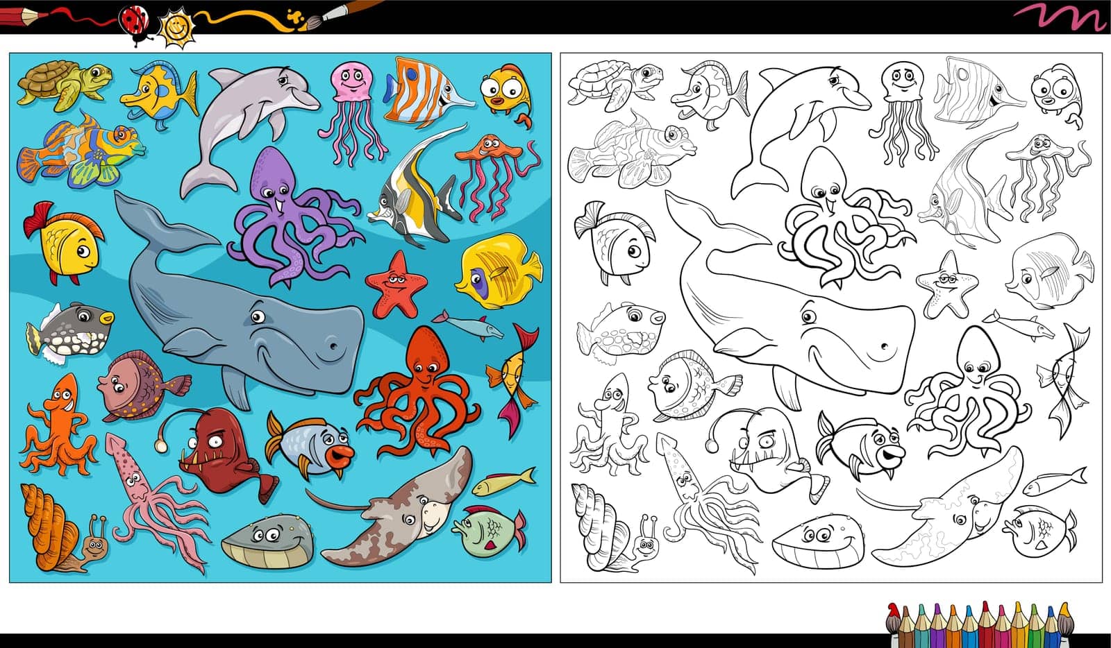 cartoon fish and marine animal characters group coloring page by izakowski