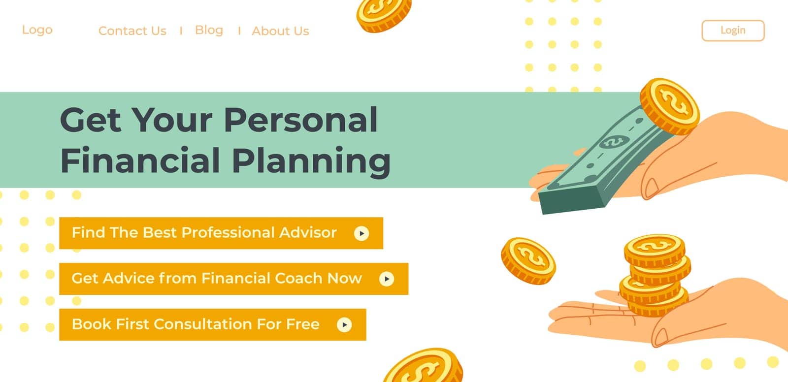 Find best professional advisor, get advice from expert, book first consultation. Personal financial planning application or service. Website landing page template, online site. Vector in flat style