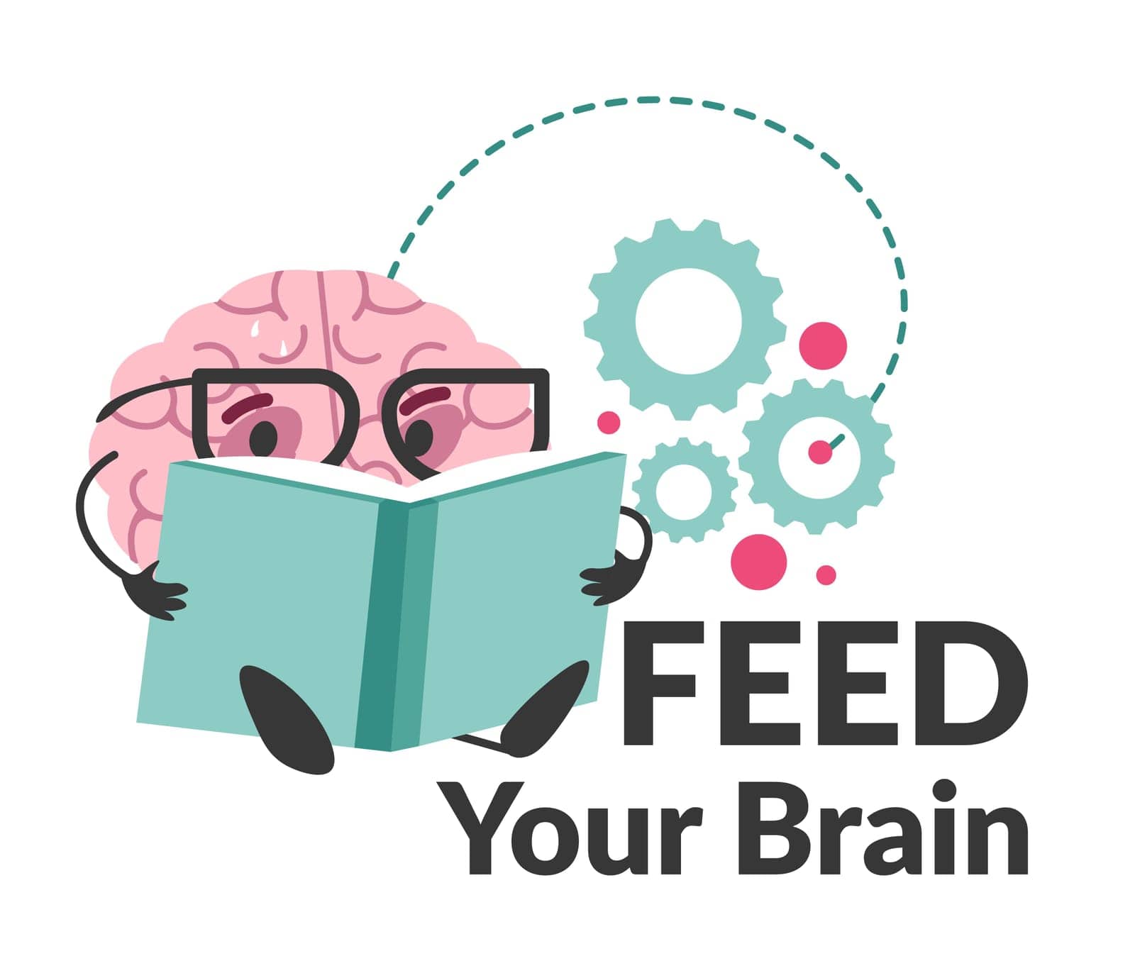 Brain character reading book, educating and studying. Isolated mind personage wearing glasses processing information from publication. Feed your thoughts and imagination. Vector in flat style