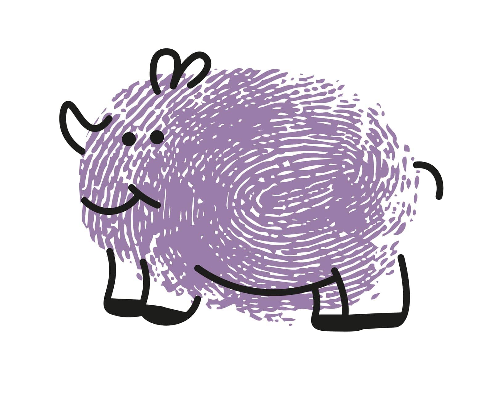 Rhinoceros thumbprint, isolated portrait of mammal animal with one horn. Rhino personage with smiling muzzle facial expression. Simple drawing of character with finger stamp, vector in flat style