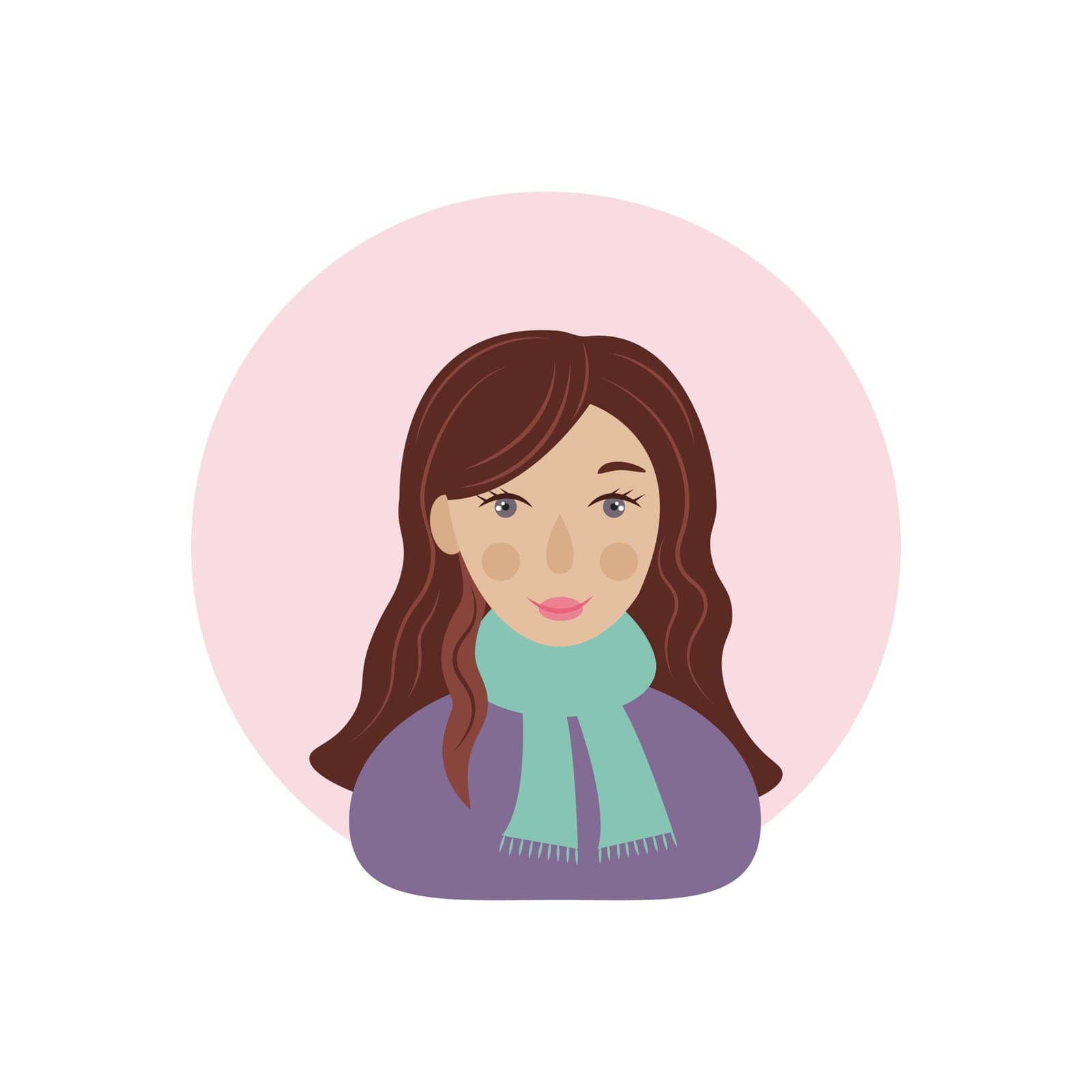 A girl with brown hair. Avatar with the image of a cute girl in cartoon style. A woman in a blue sweater and a green scarf. Vector illustration.