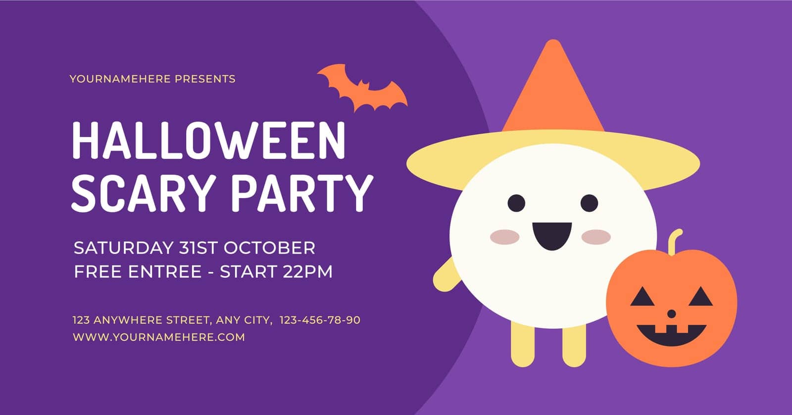 Halloween scary kids party banner with cute sorcerer and pumpkin design template vector flat illustration. Autumn holiday event celebration childish invitation with friendly creepy characters promo
