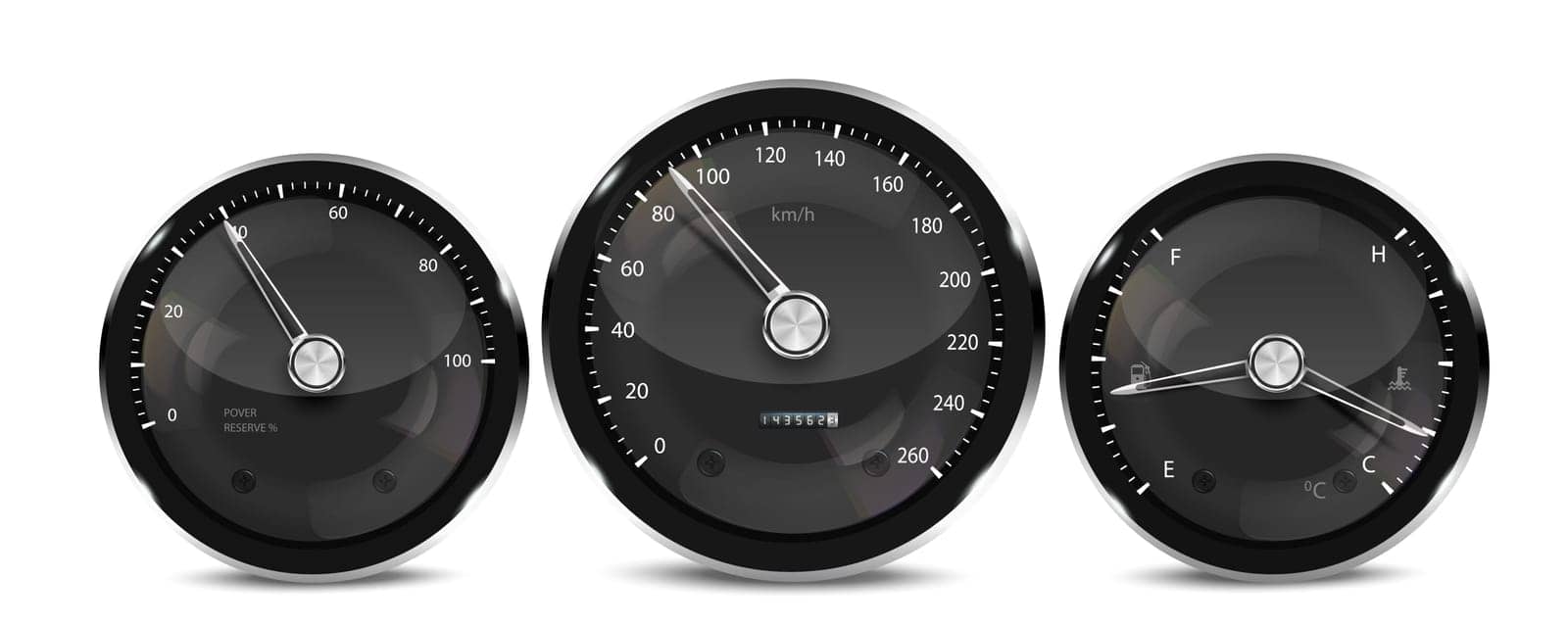 Car dashboard speedometer, tachometer, digital LED indicators for fuel and engine temperature. Vector realistic elements of car dashboard instrument cluster. by Samodelkin20