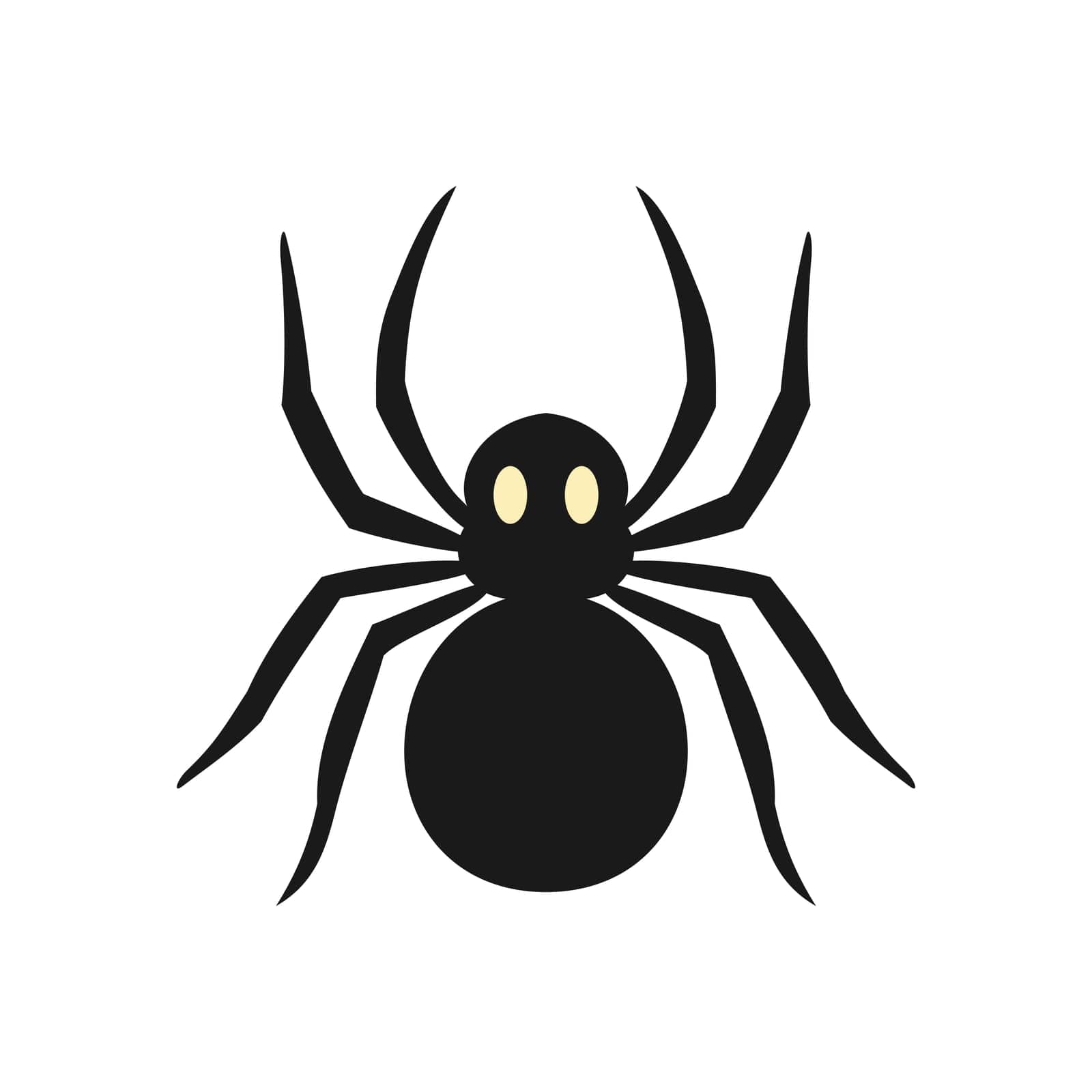A black spider with yellow eyes on a white background. Spider silhouette. Insect flat design. Vector isolated illustration.