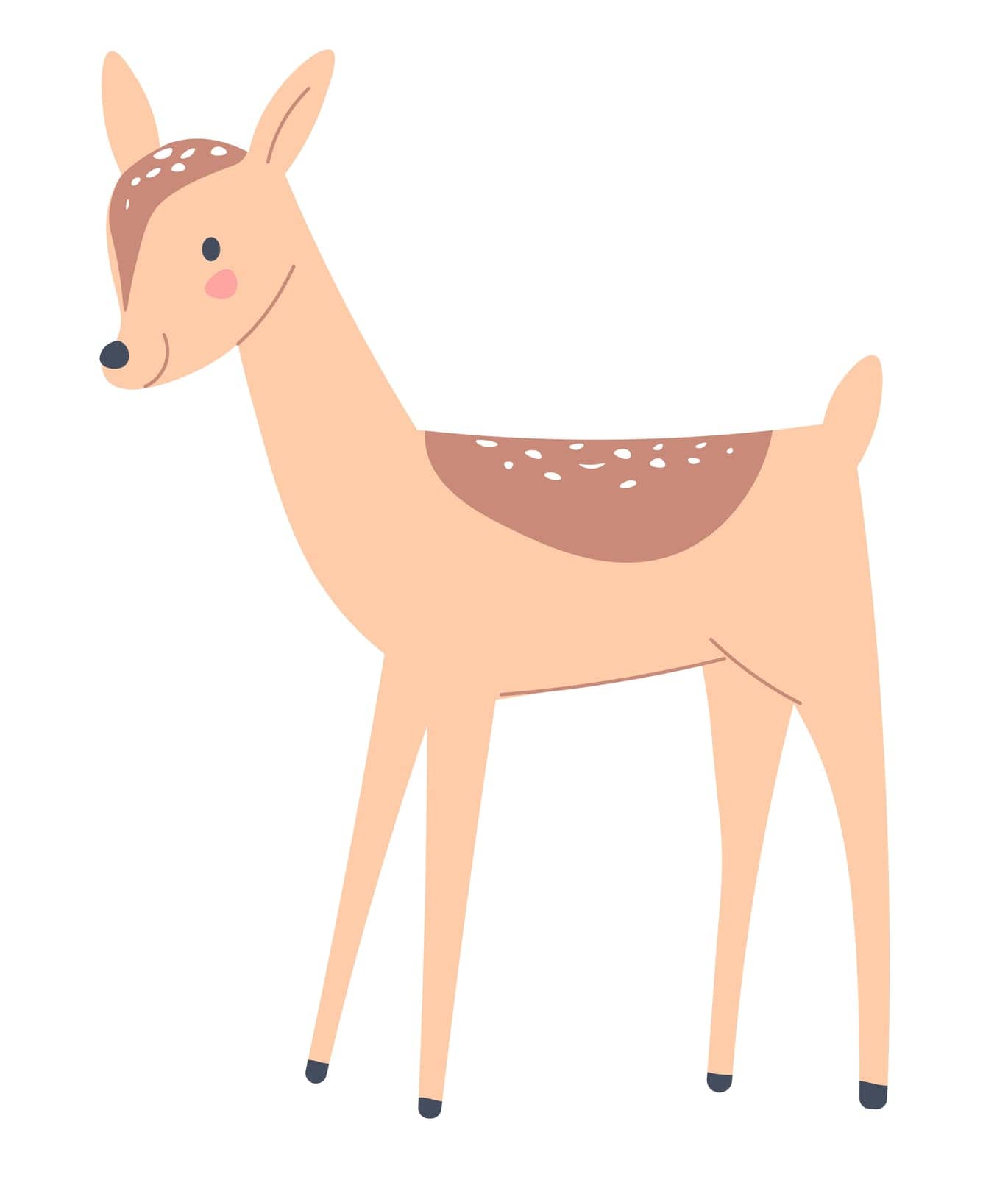 Deer animal portrait, isolated mammal with spots on back. Furry personage with cute muzzle expression. Wilderness and fauna of forests and woods. Character baby, zoo park. Vector in flat style
