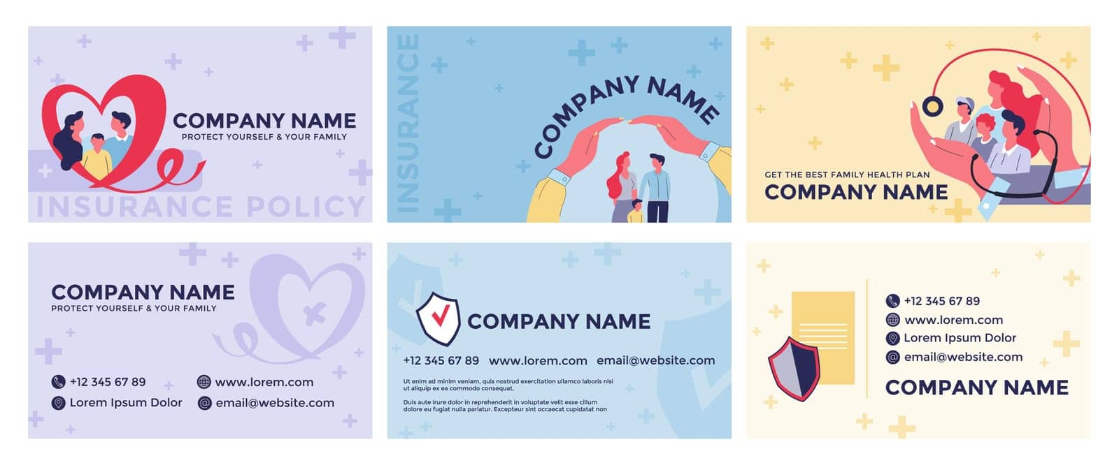 Business card design set for health insurance. Corporate company card with flat family people character get clinical policy, vector illustration. Healthcare advertising at graphic design collection