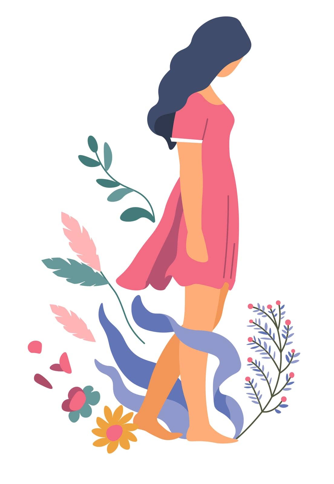 Female character surrounded by flowers, bouquets and foliage, ribbon for copy. Isolated teenager girl wearing modern and fashionable dress, model elegant and stylish woman. Vector in flat style