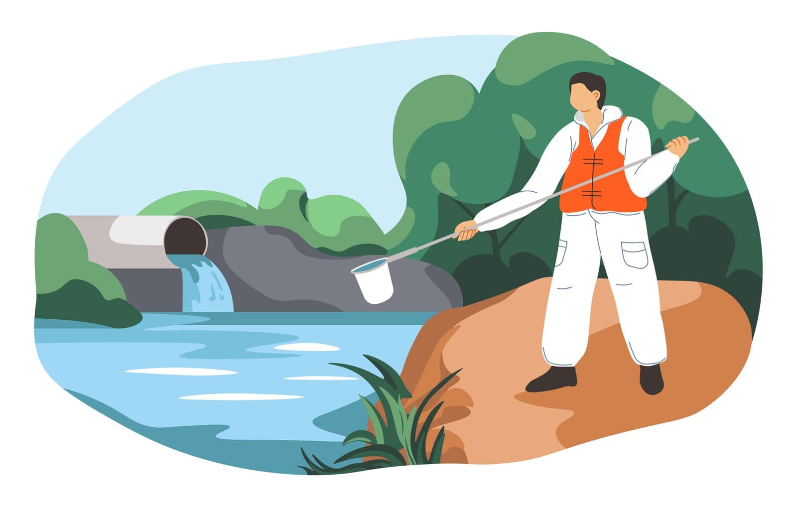 Scientist research, man with special equipment examining water pollution level. Environmental care and awareness, protective measures and prevention of harmful substances content. Vector in flat style
