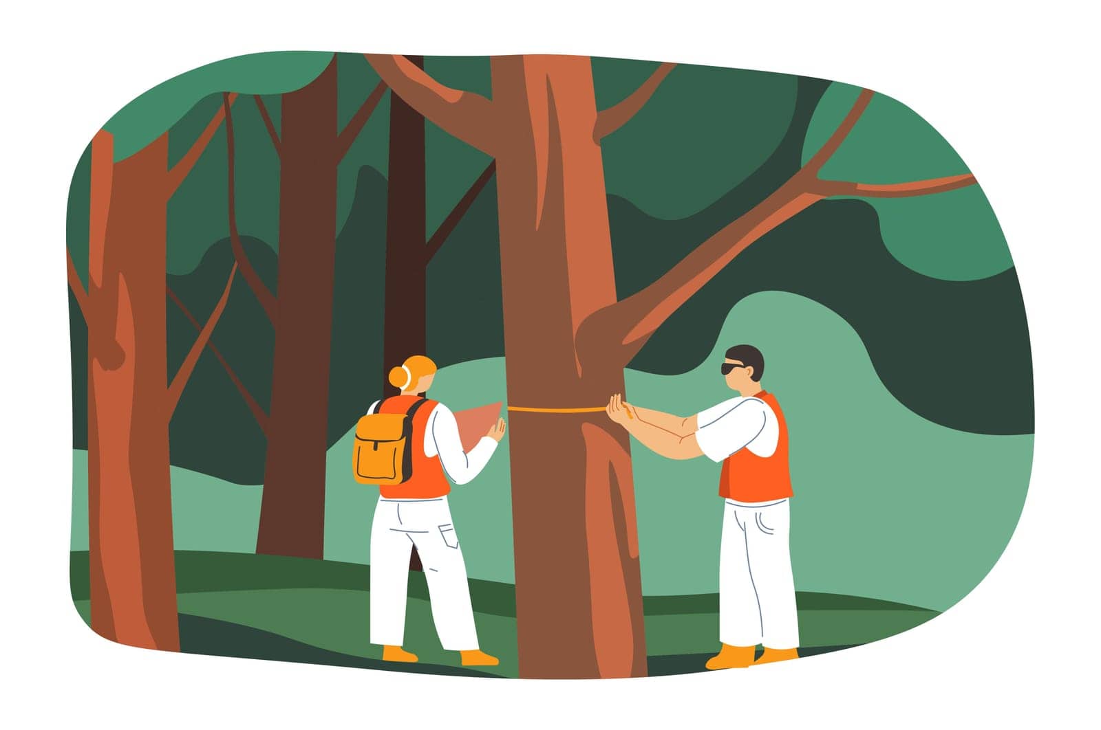 Researches and analysis of scientists measuring tree trunk in woods. Environmental problems and pollution, care for nature and biodiversity safety, ecological awareness. Vector in flat style