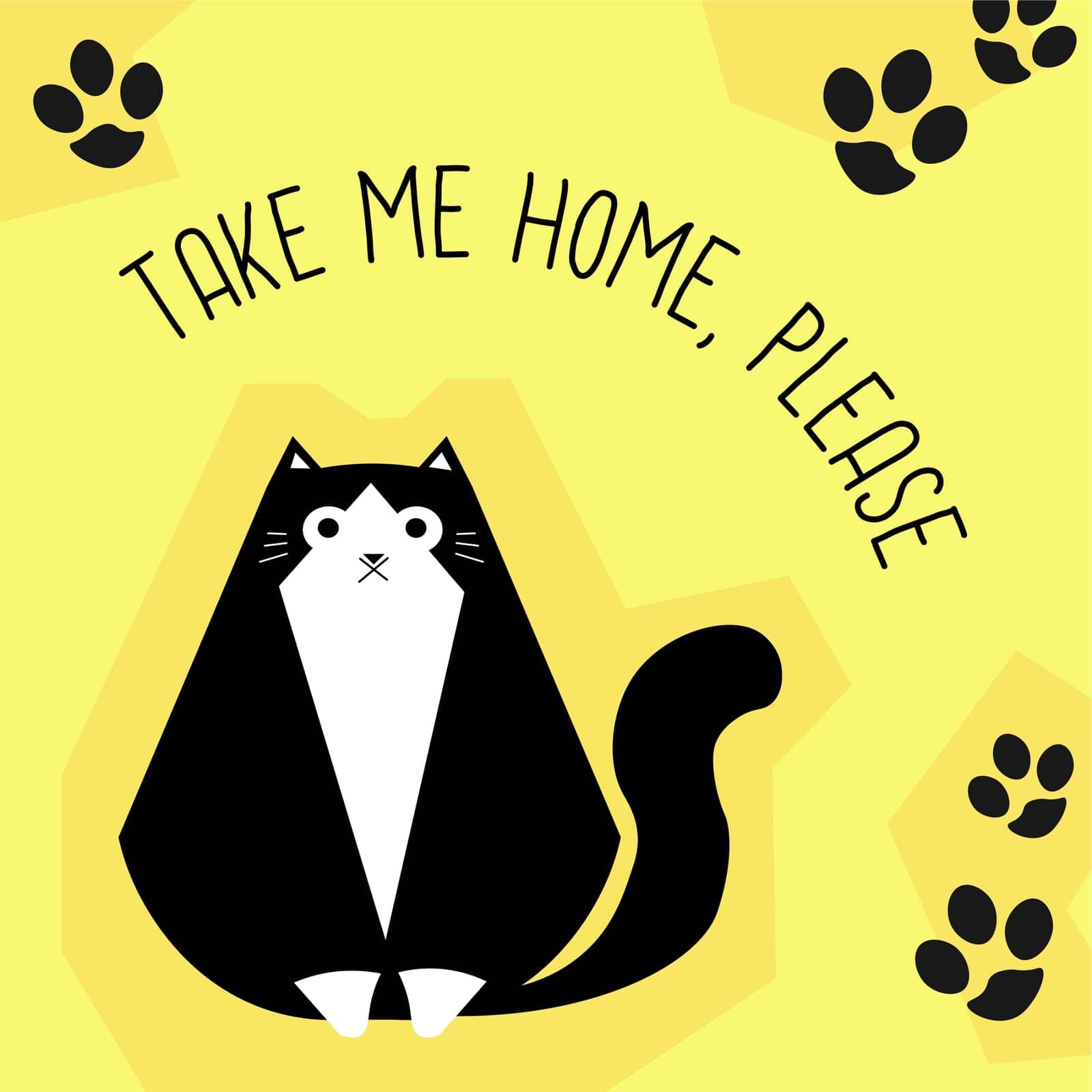 pet adoption service banner, cute kitten and phrase take me home please. Adopt a feline animal and take care for kitty. Cats mammals, poster with paw prints silhouettes. Vector in flat style