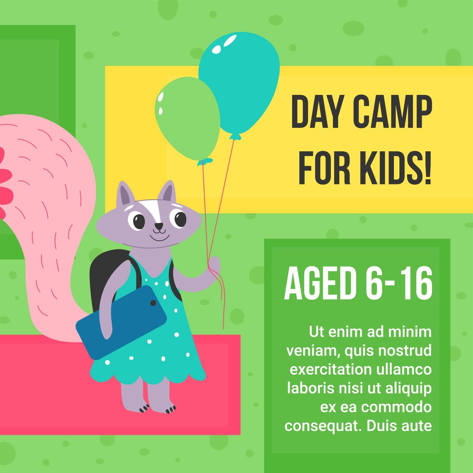 Camp for kids age 6 to 16, preschool and teenagers activities and recreations. Adventures for children, promotional banner with information for parents. Summer rest and fun. Vector in flat style