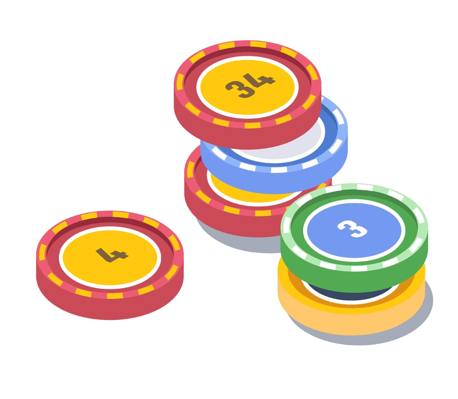 Games and entertainment, isolated casino chips with numbers. Playing and having fun, gambling and winning money. Leisure and hobbies or recreation at weekends, store assortment. Vector in flat style