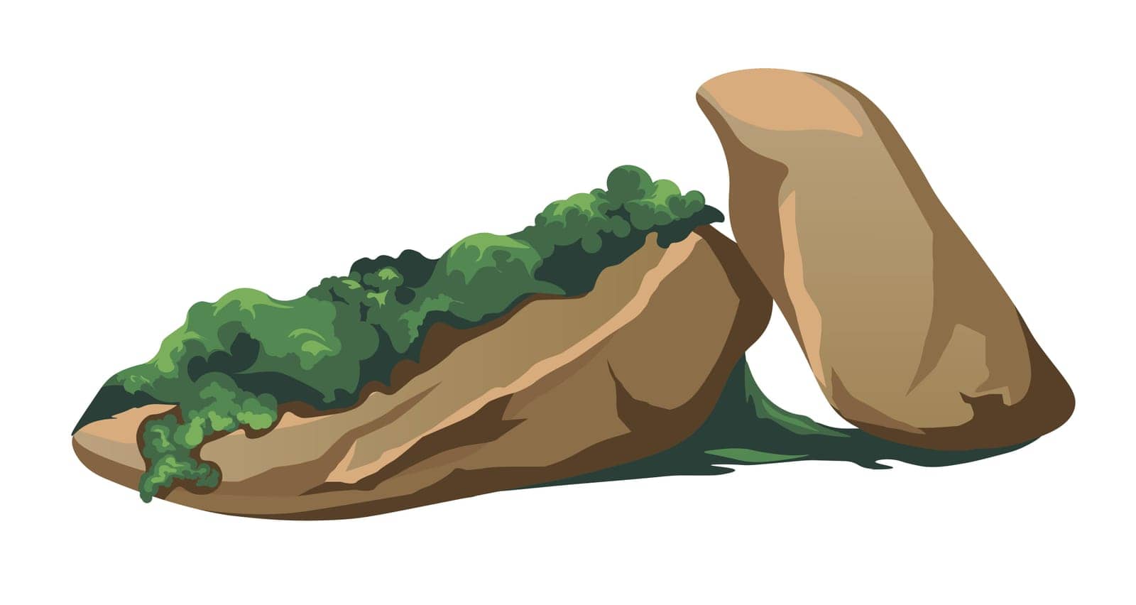 Stones grown with moss, forest or woods vegetation and design. Nature and wilderness, massive rocks with flowerless plant, biodiversity. Landscape decoration or park scene. Vector in flat style