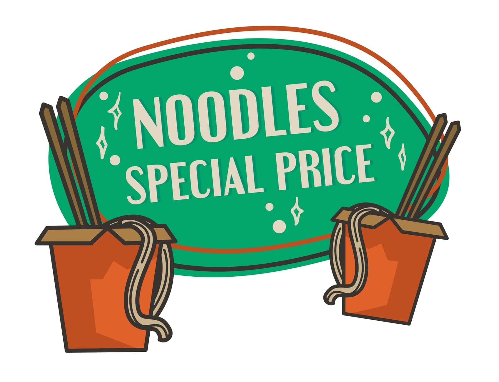 Noodles special price, isolated label or logotype of store or shop, diner or restaurant with asian cuisine and dishes. Tasty meal ready for delivery, breakfast or lunch. Vector in flat style