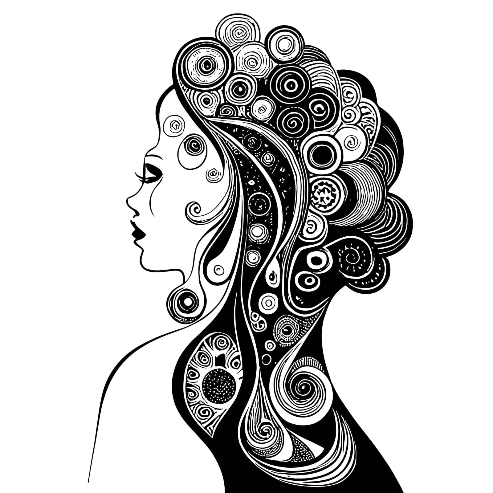 Sketch of beautiful woman silhouette with art hairstyle black and white design. by EkaterinaPereslavtseva