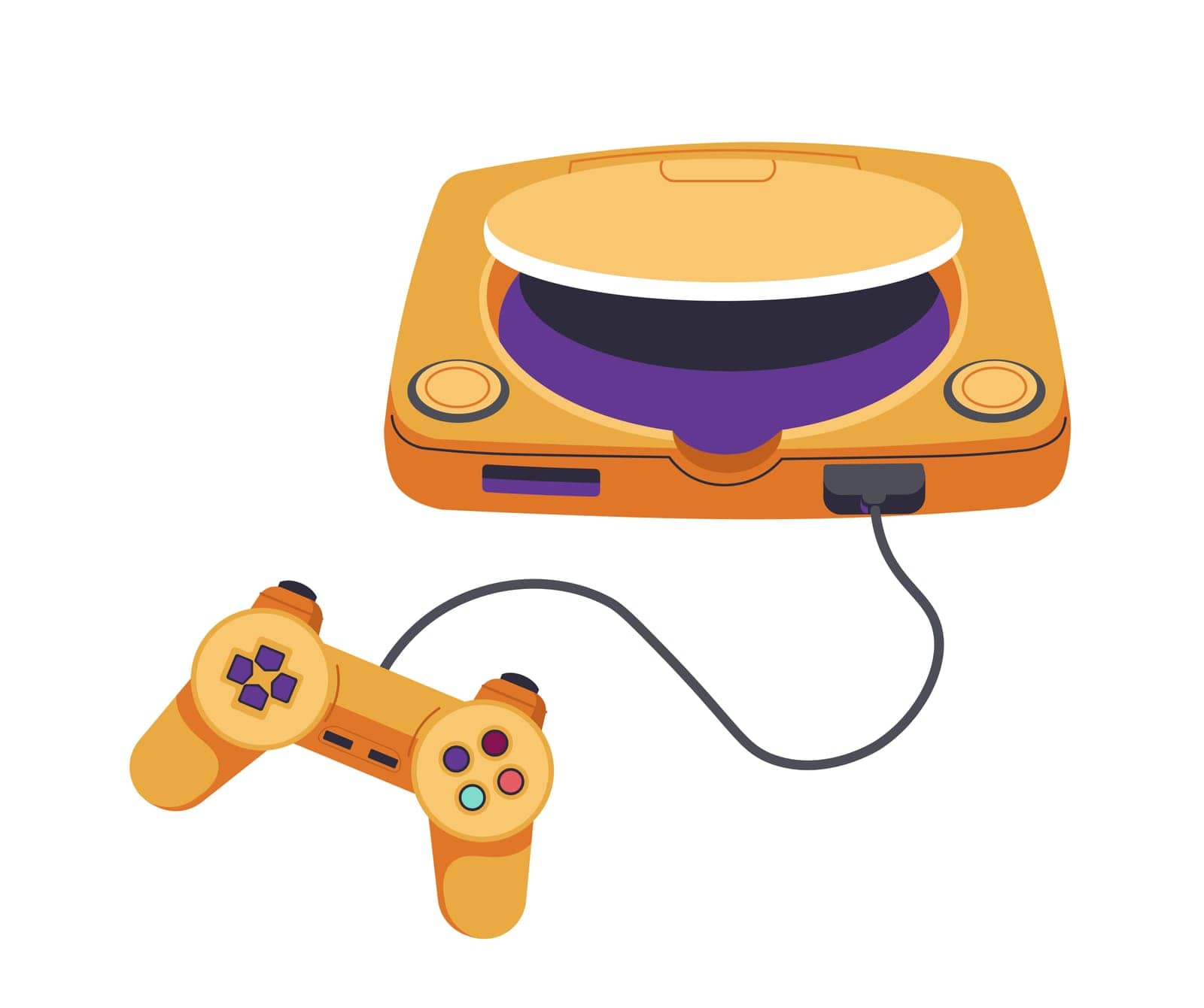 Playstation with discs and joystick on the wire, video game console for playing fun arcades. Entertainment and fun, leisure activities for kids and adults. Gaming gadgets. Vector in flat style