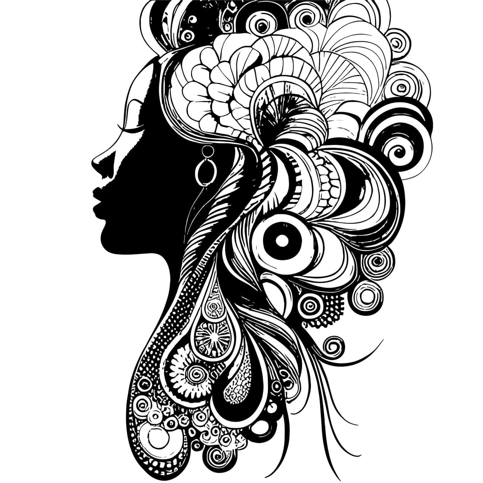 Sketch of beautiful woman silhouette with art hairstyle black and white design. by EkaterinaPereslavtseva