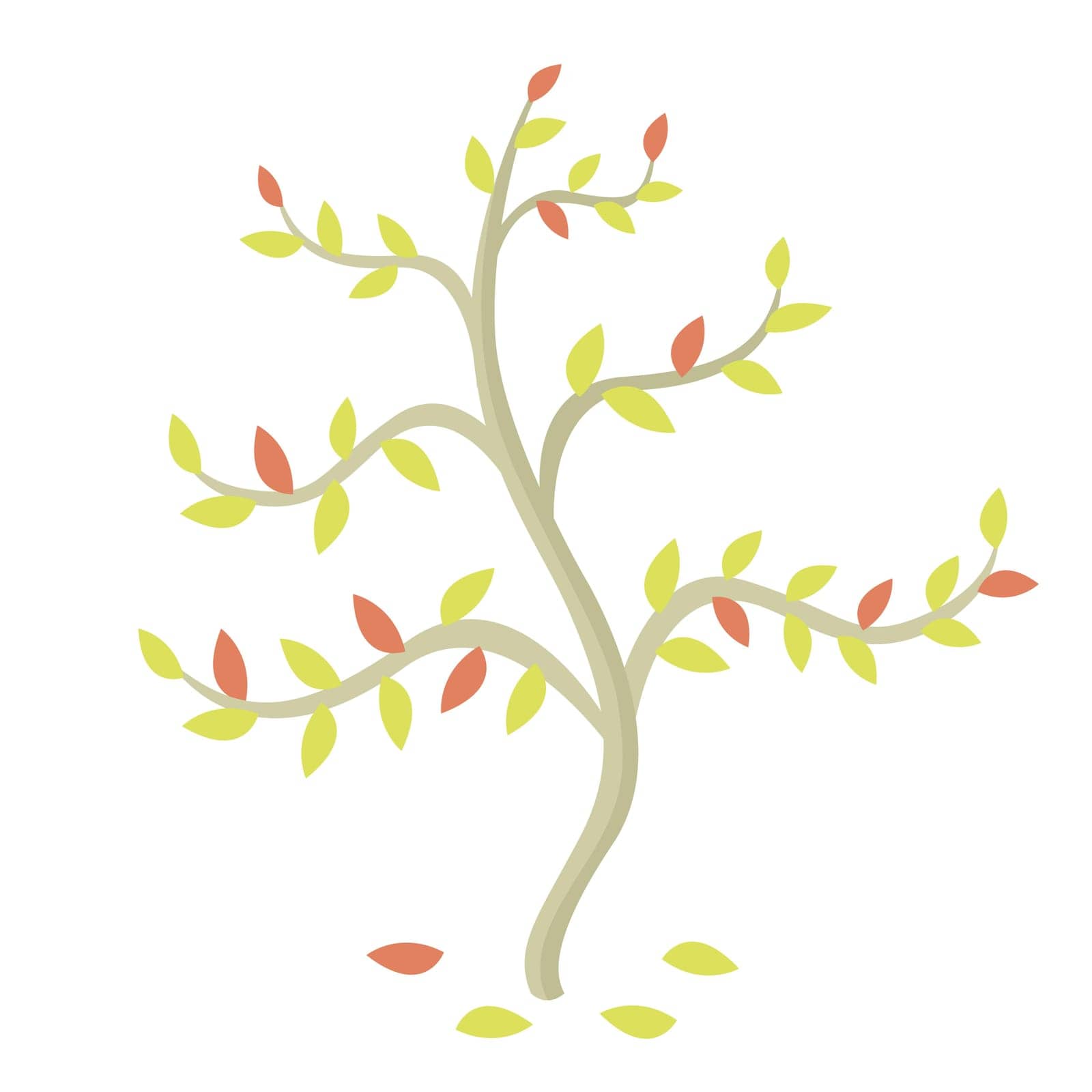 Minimalist flat autumn tree with yellow and red little leaves on white background. Organic forest concept. Vector simple illustration. by annagraphics