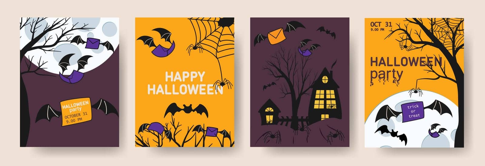 Happy Halloween party posters set with night trees and bats in flat style. Full moon, spiders web and flying envelopes. Vector brochure background