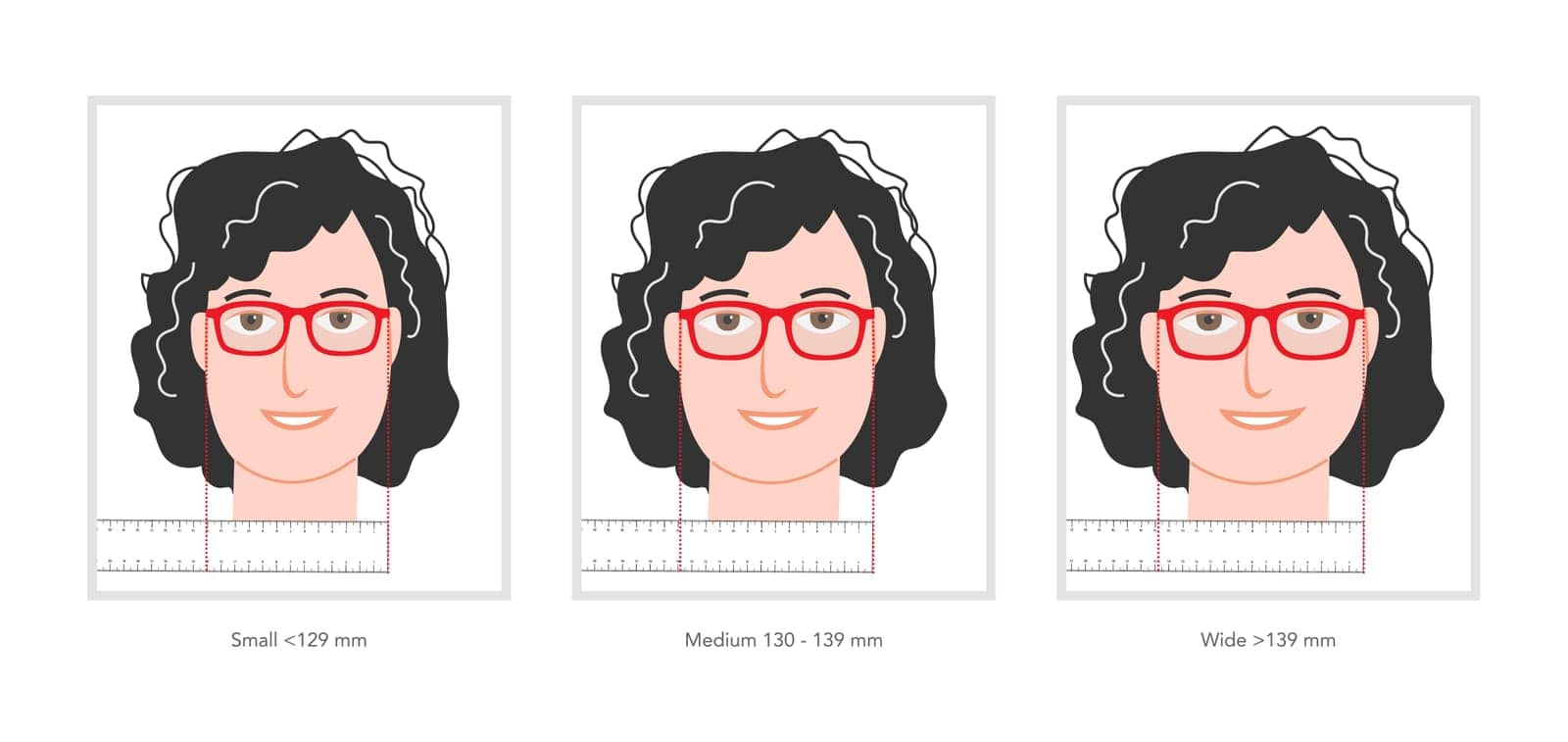 Set of size of width face character with ruler for order glasses. Flat modern cartoon style color trendy vector medical illustration men, women, unisex style. Ophthalmic exam concept.
