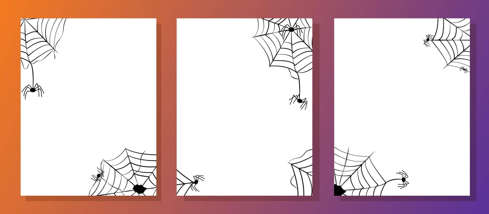 Set of banner designs for Happy Halloween cobwebs and spiders. White templates on orange gradient background. Vector congratulations, invitations, posters.
