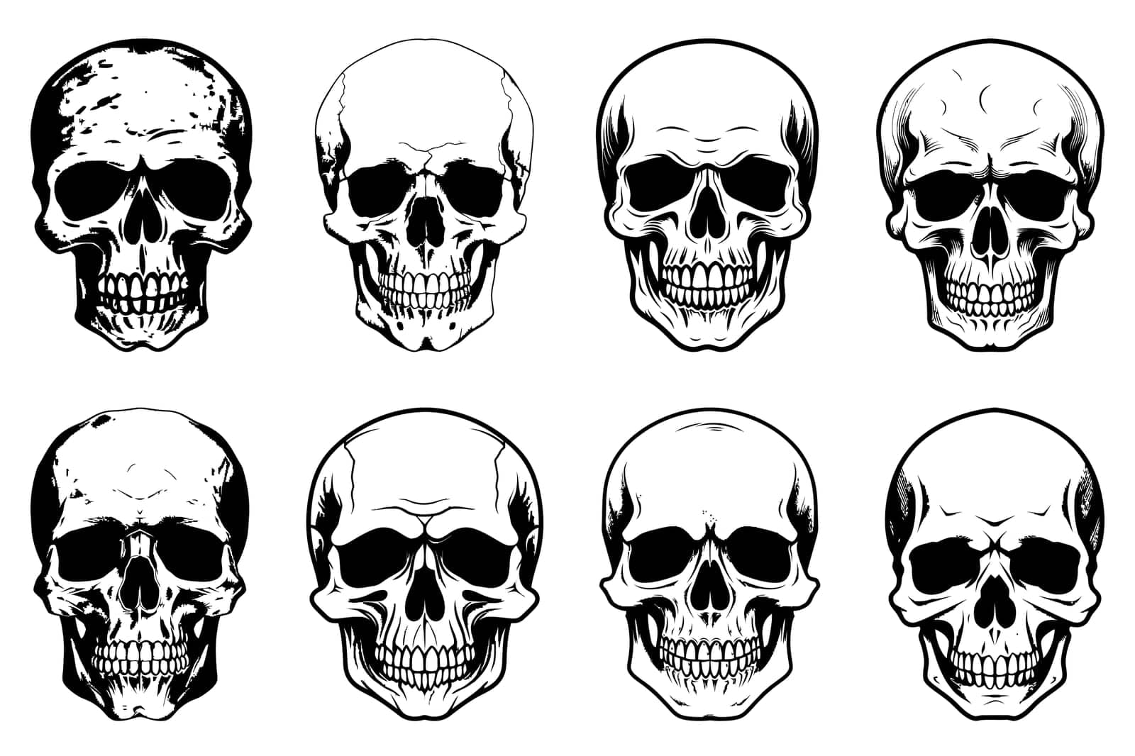 Human skulls set. Skull silhouettes. Skull icons set. Collection of skulls by Chekman