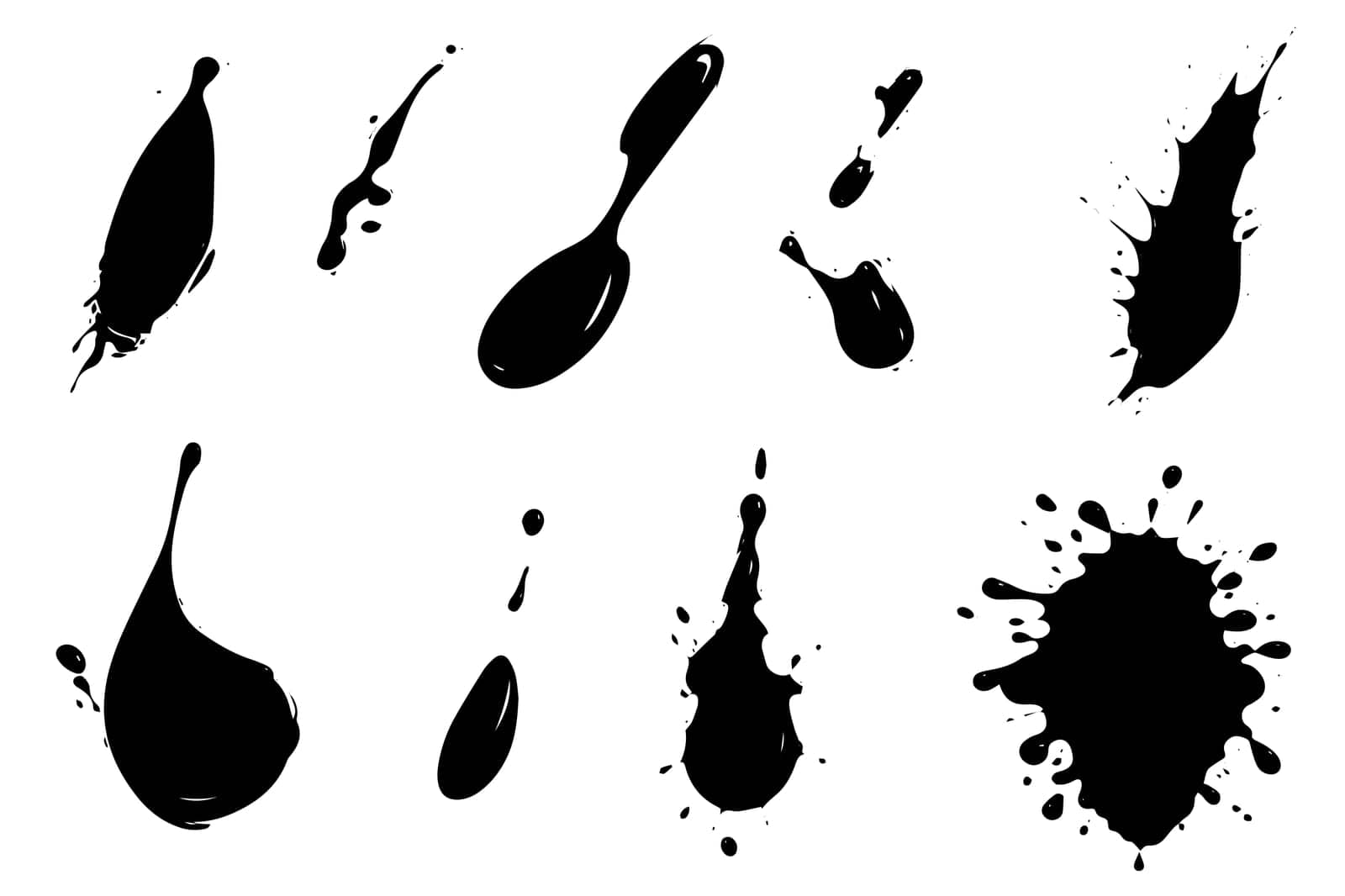 Vector set of ink splashes. Black inked splatter dirt stain splattered spray splash with drops blots isolated. by Artsiom