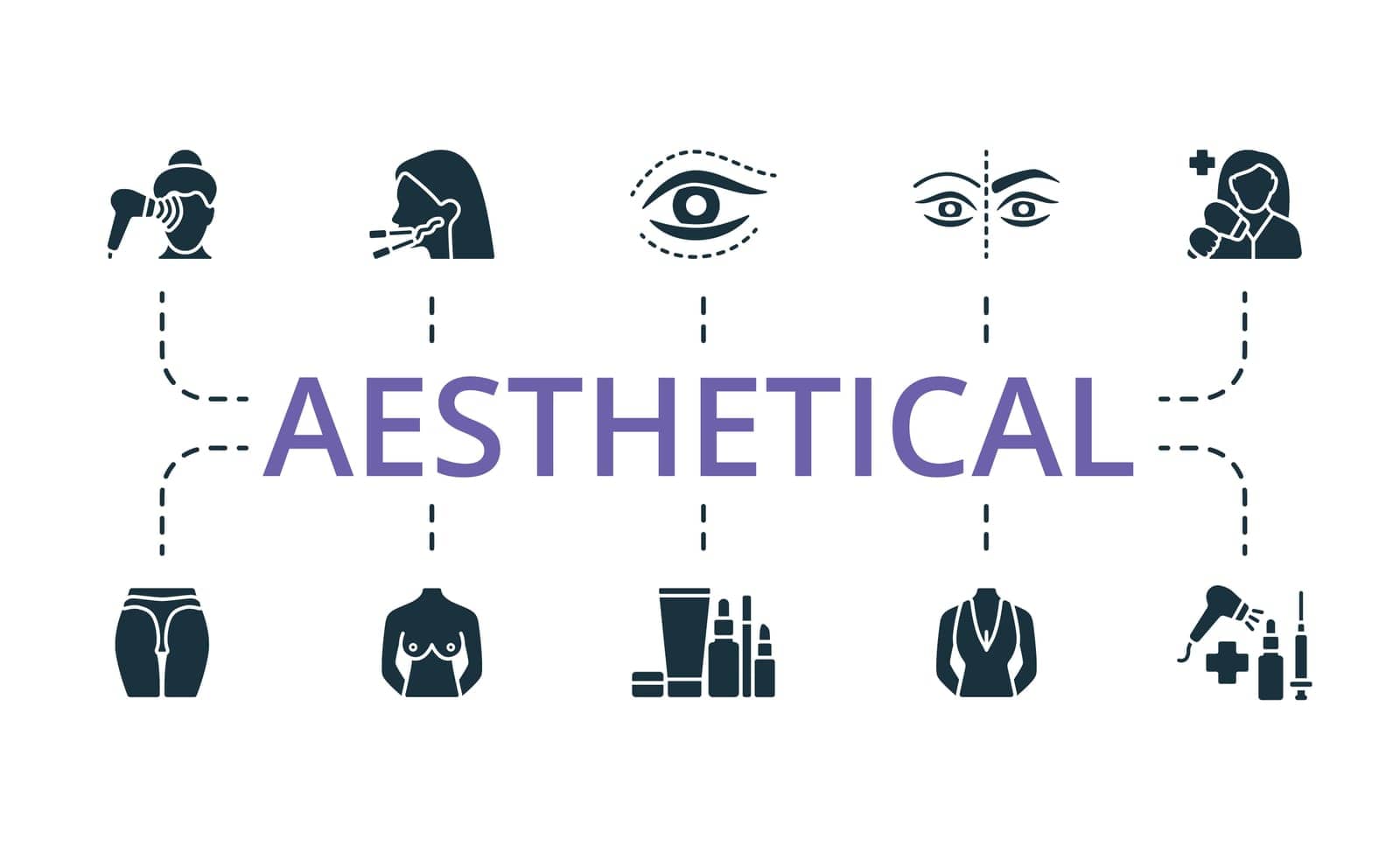 Aesthetical set. Creative icons: photo rejuvenation, mesothreads, eye area, aesthetics procedure, cosmetologist, buttocks, female breast, cosmetics, decollete, cosmetology. by simakovavector