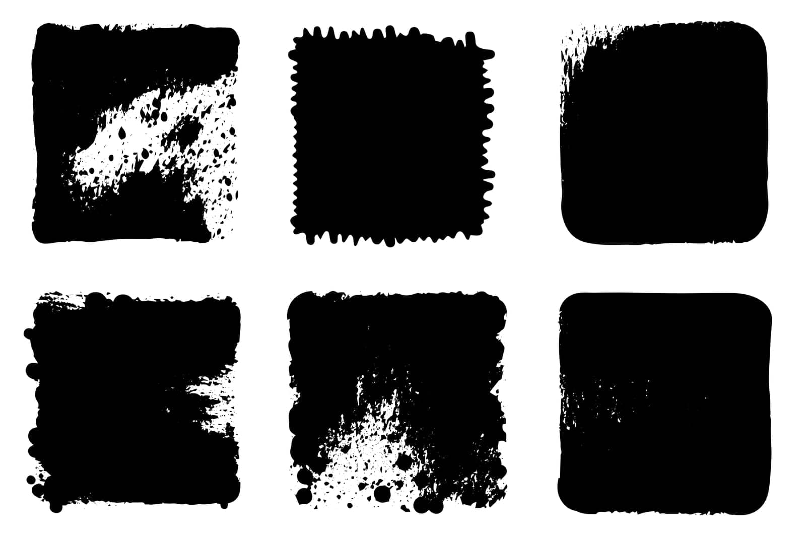 Grunge style set of black stamp box square shapes. Vector texture illustration. Retro template backgrounds collection
