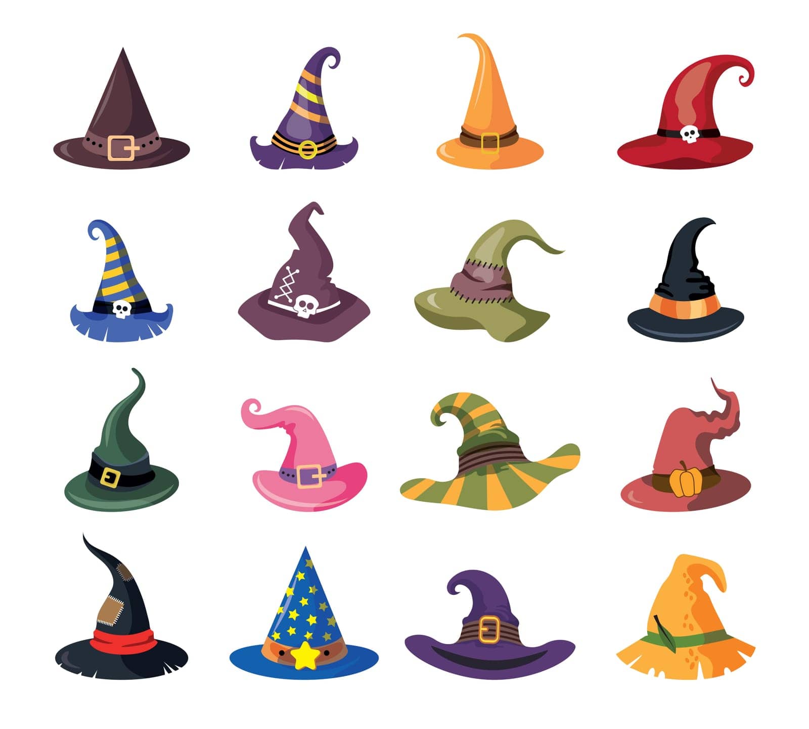 Set of witch hats in black and white style. Coloring book for children. Cartoon witch hats, Halloween party costume elements. Halloween witchcraft party collection