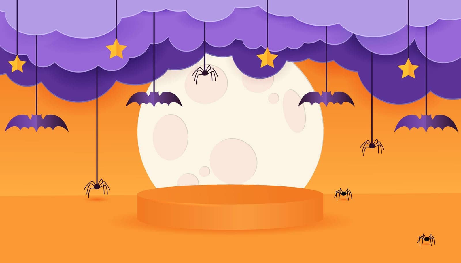 Happy Halloween banner or party invitation background with clouds, moon, bats and spiders in paper cut style. Orange 3d podium for halloween. Vector
