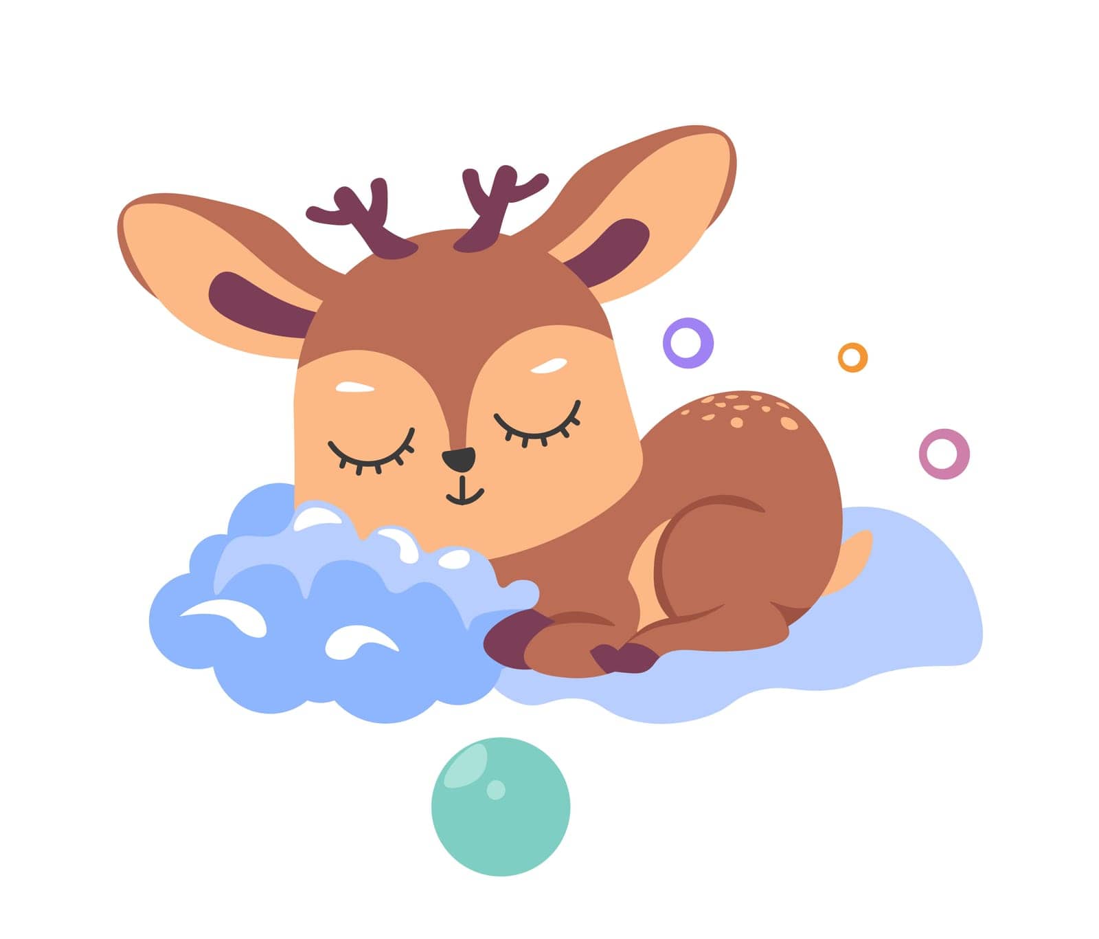 Sleeping woodland deer animal character, isolated resting personage with sleepy muzzle. Cute mammal on soft fluffy clouds, sweet dreams and relax. Nursery or children theme. Vector in flat style