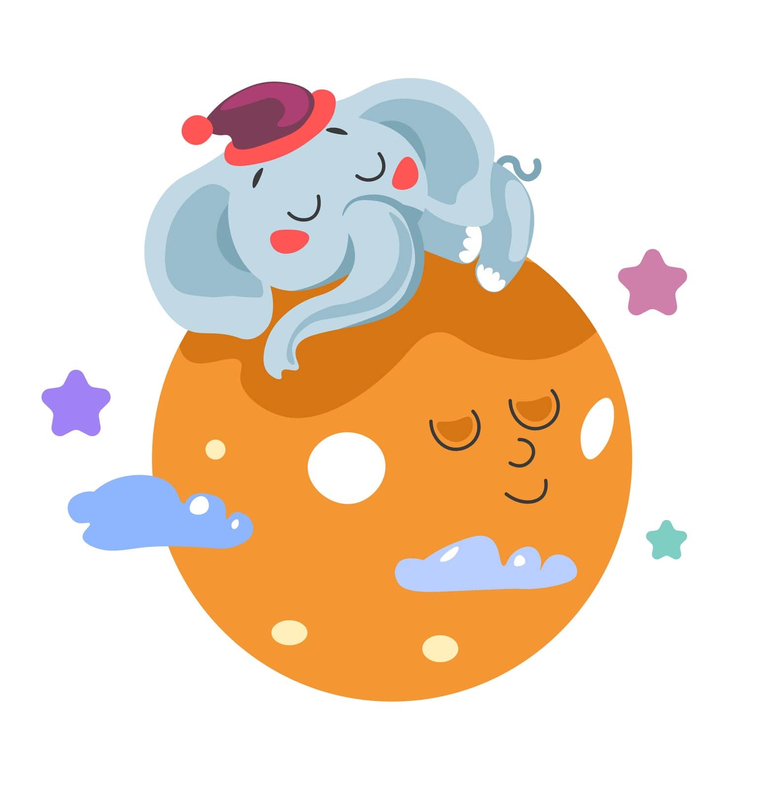 Sleeping elephant lying on the full moon surrounded with stars and clouds. Night and bedtime for children, sleepy personage wearing pajama hat, nursery theme decoration. Vector in flat style