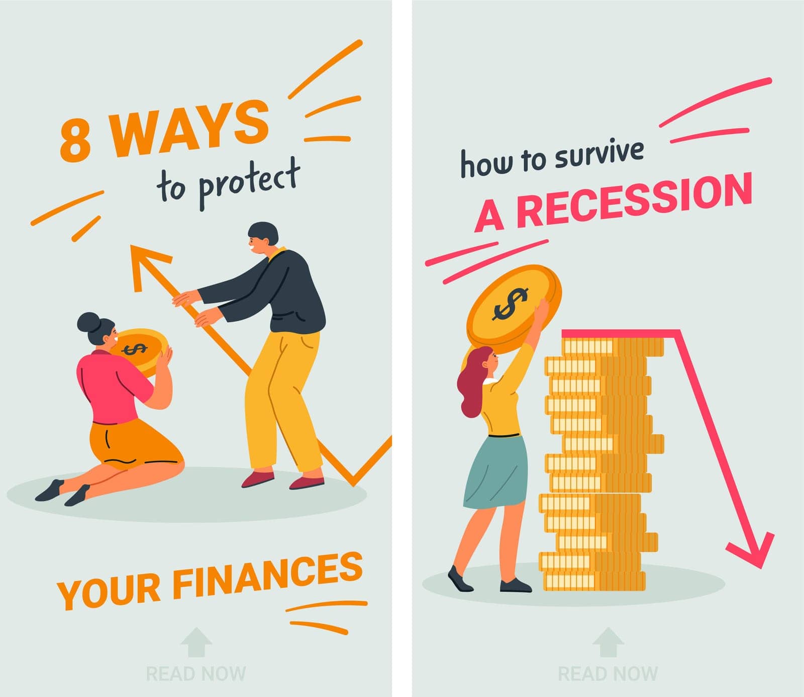 Budgeting recommendations and tips, how to survive recession, 8 ways to protect finances. Money saving and controlling, budget and care for assets, capitalization banners. Vector in flat style