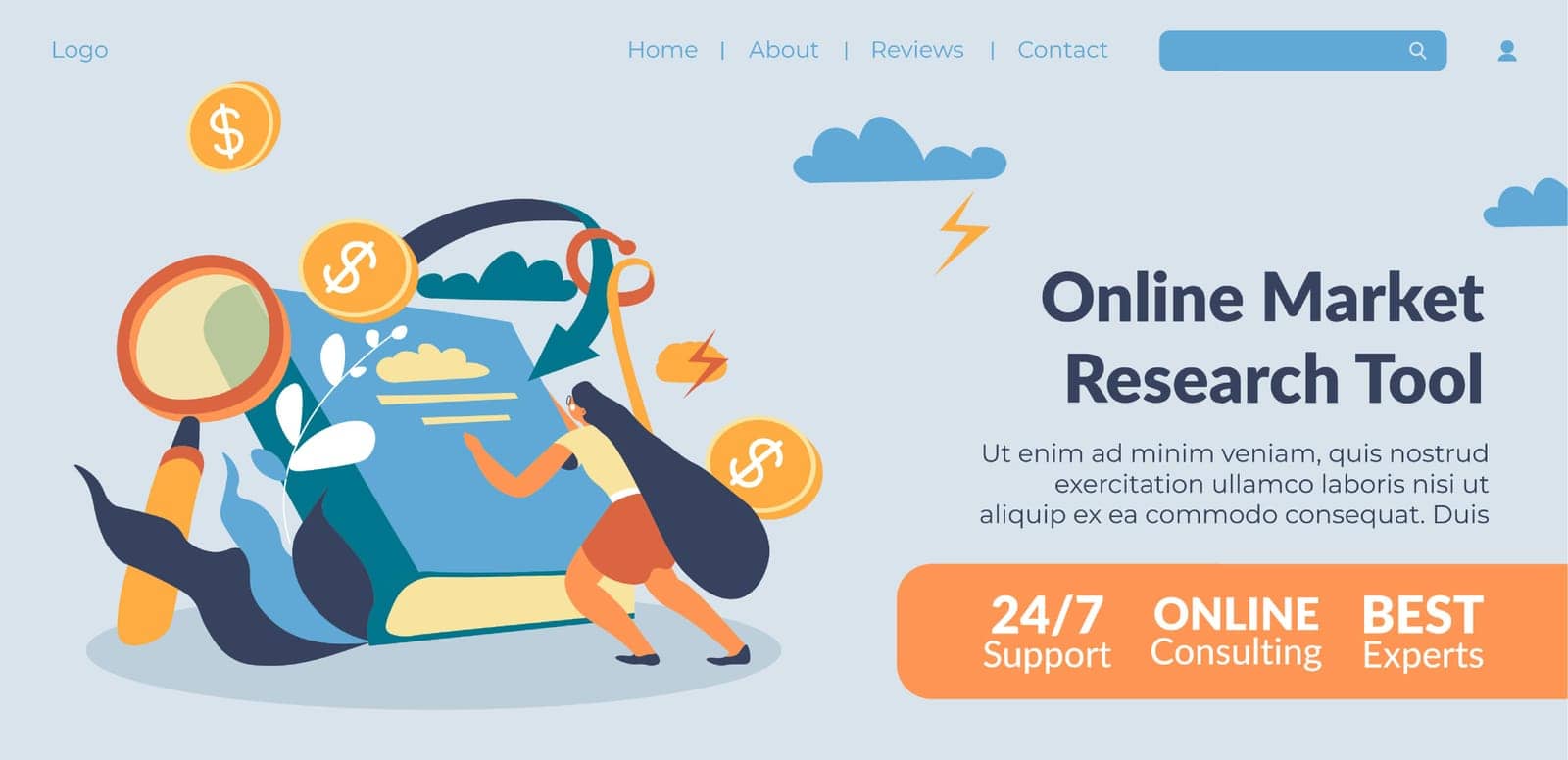 Market research tool for your business, online instrument for targeting advertising and attracting more clients. Best experts. Website landing page template, internet site. Vector in flat style