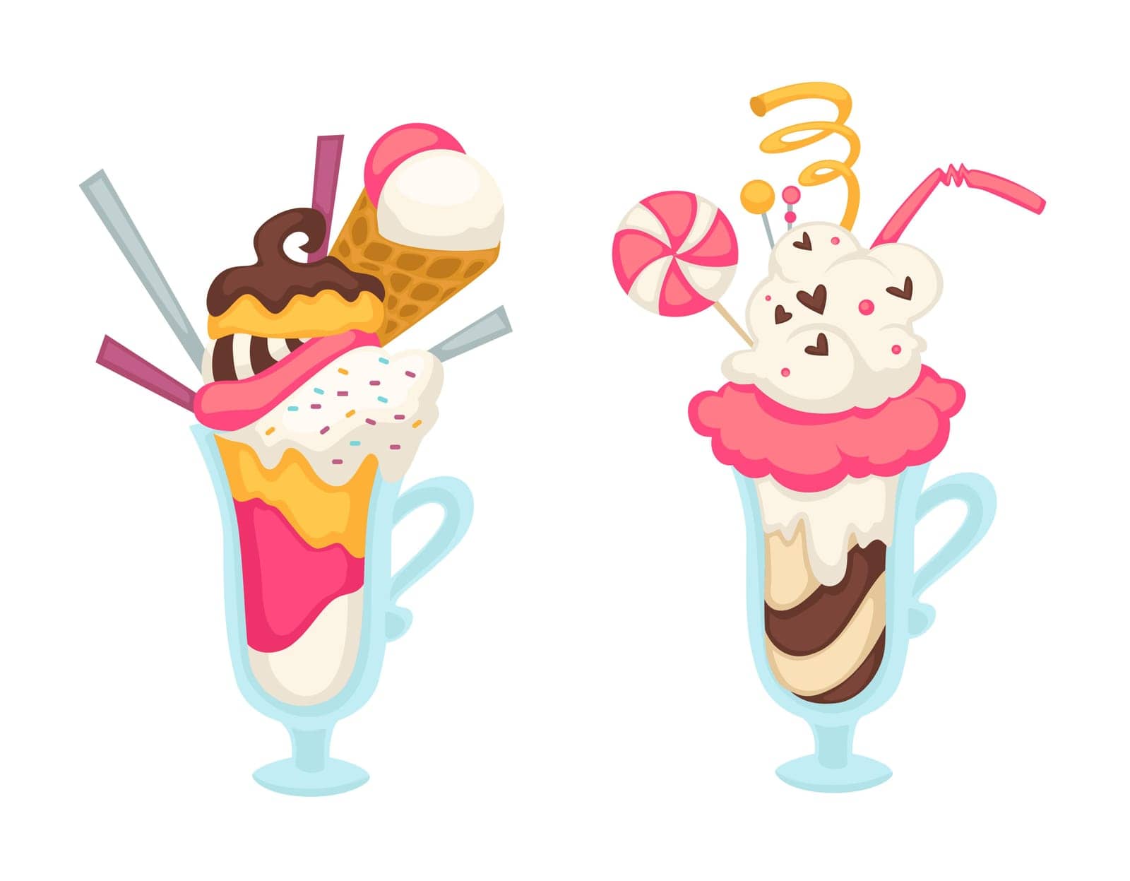 Ice cream dessert with cookies and waffles, isolated frozen tasty meal. Sweets with lollipop and chocolate mousse or topping, vanilla or strawberry filling. Gelato in restaurant. Vector in flat style