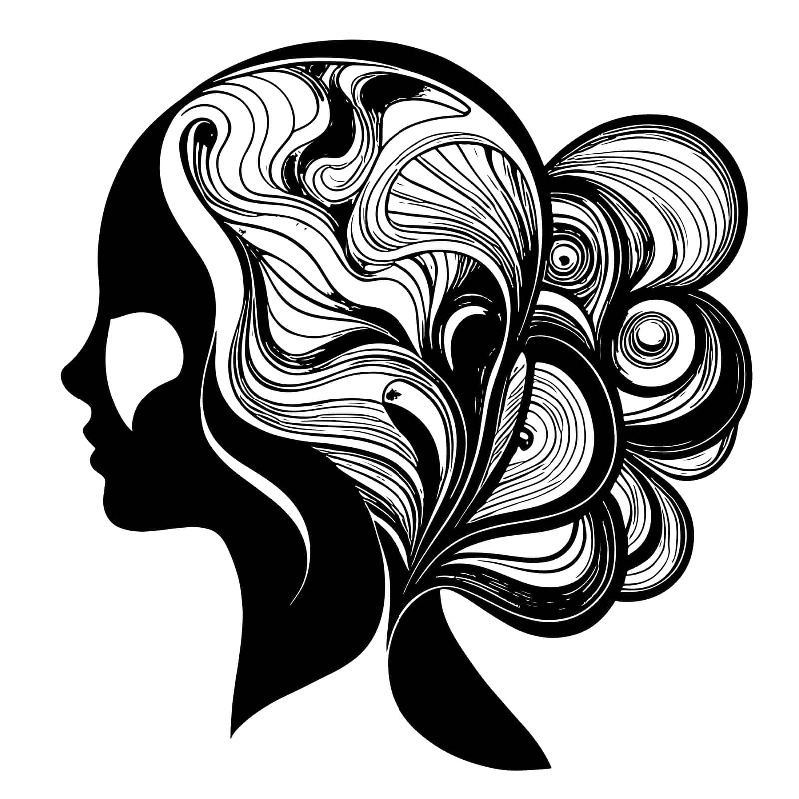 Sketch of Female profile silhouette. Art hairstyle black and white design