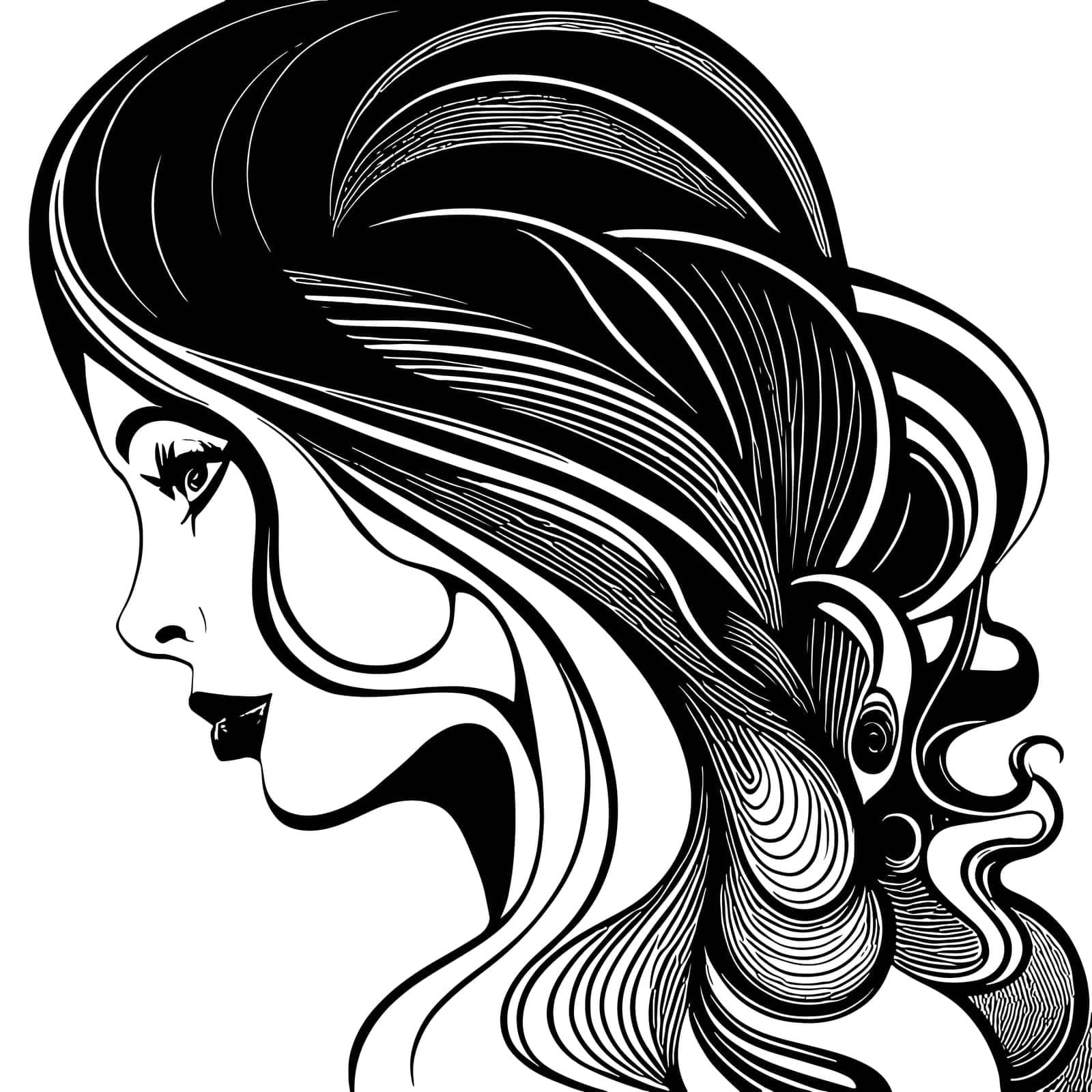 Sketch of Female profile silhouette. Art hairstyle black and white design