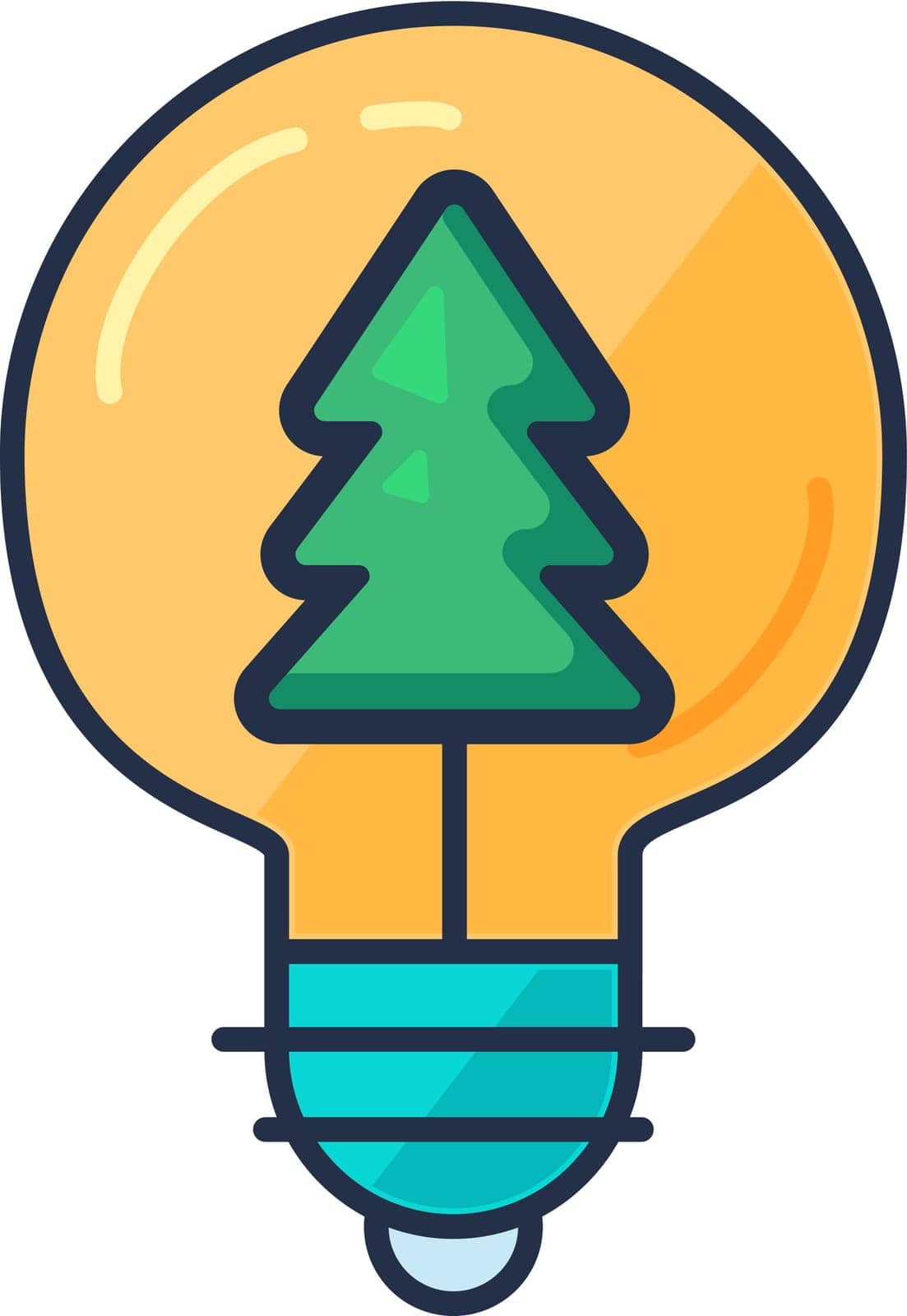 Small evergreen tree, spruce inside electric light bulb. Caring for environment, careful use of electricity. Creative eco concept. Stroked cartoon outline vector icon isolated on white background