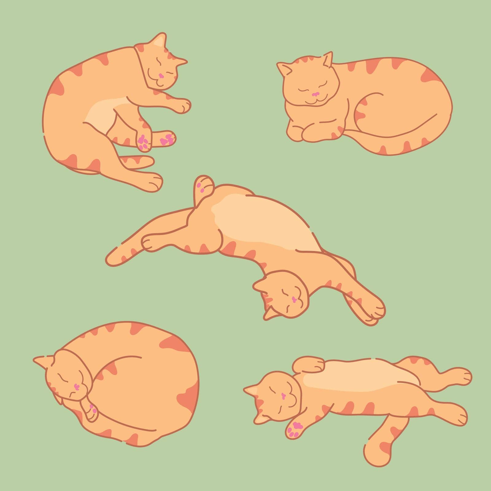 Sleeping ginger cat in different positions. Cute red tabby cat sleeps. Sleepy cat set. Vector illustration