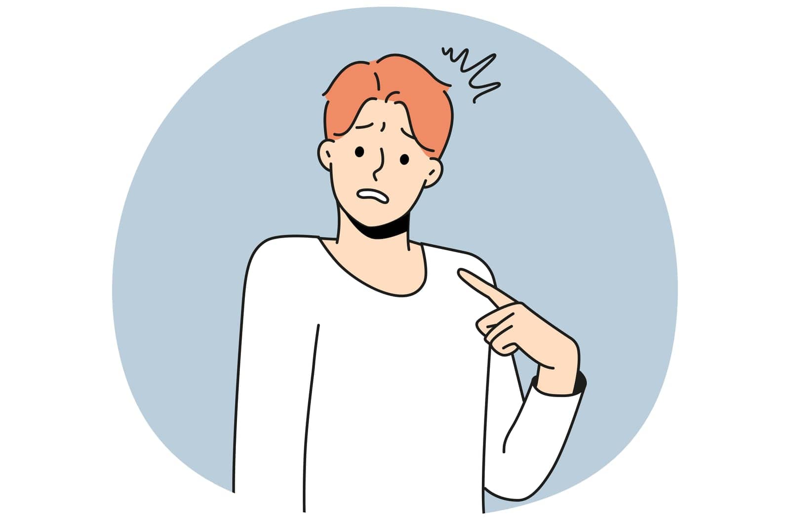 Young confused man point at himself feel insecure and frustrated. Male pointing at self wonder who. Frustration and self-confidence. Vector illustration.