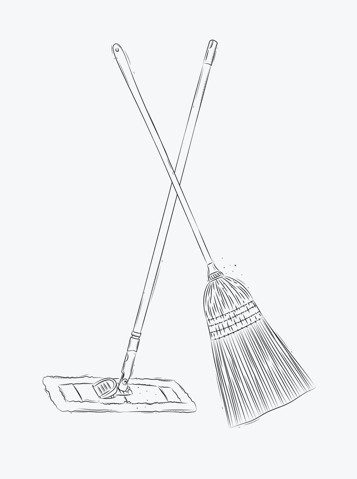 Broom and flat mop drawing in graphic style on white background