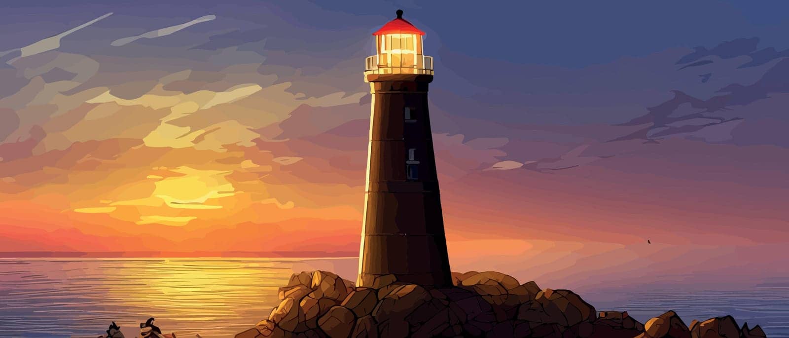 Illumination from the lighthouse from mainland, moon on background or sunset, vector background, vector drawing by hand and digital illustration, created without a reference image.