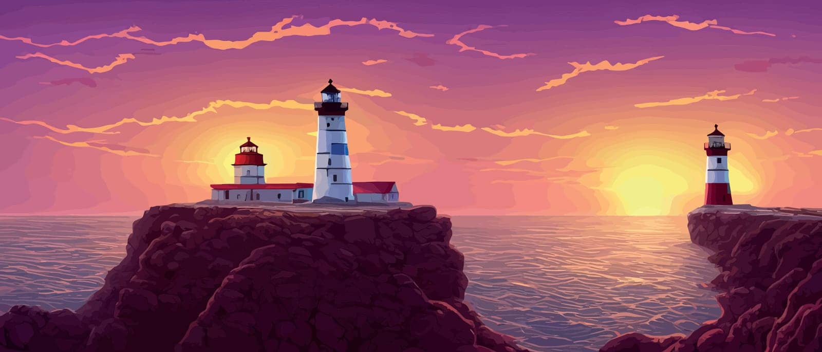 Illumination from the lighthouse from mainland, moon on background or sunset, vector background, vector drawing by hand and digital illustration, created without a reference image.