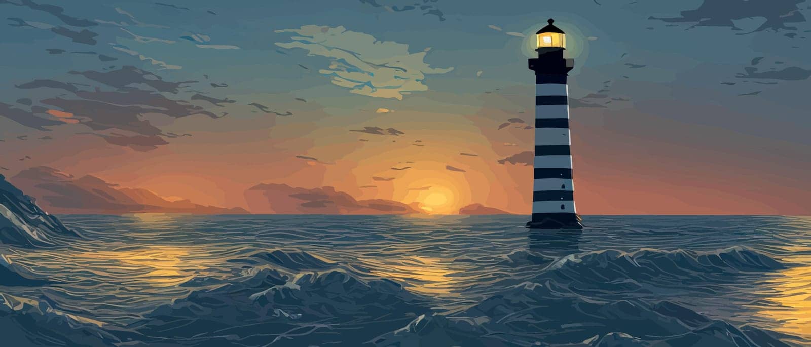 Tower is red and white lighthouse decorated with sea view with mountains as a backdrop at sunset with clouds, waves in the ocean. Design from art, paper and digital crafts. Vector illustration