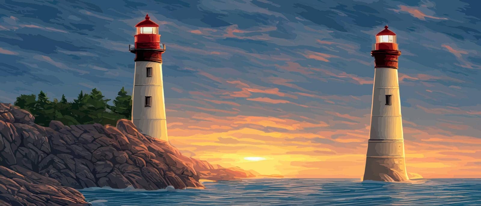 Tower is red and white lighthouse decorated with sea view with mountains as a backdrop at sunset with clouds, waves in the ocean. Design from art, paper and digital crafts. Vector illustration