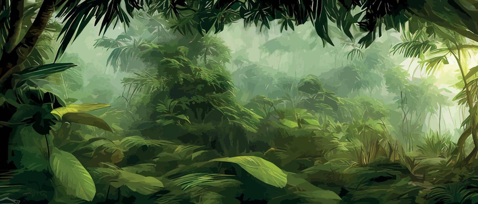 Banner Beautiful rainforest jungle landscape with lush foliage in green colors, vector illustration