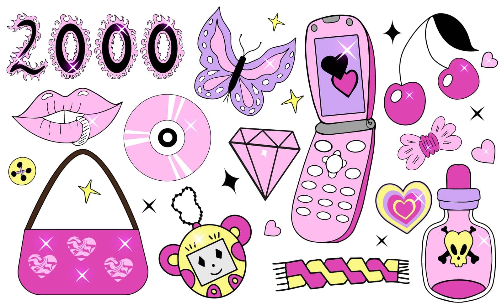 Y2k 2000s Glamorous set. 90s and 2000s style. Nostalgia 00s collection pink with retro phone and fire heart. Vector illustration by lucia_fox