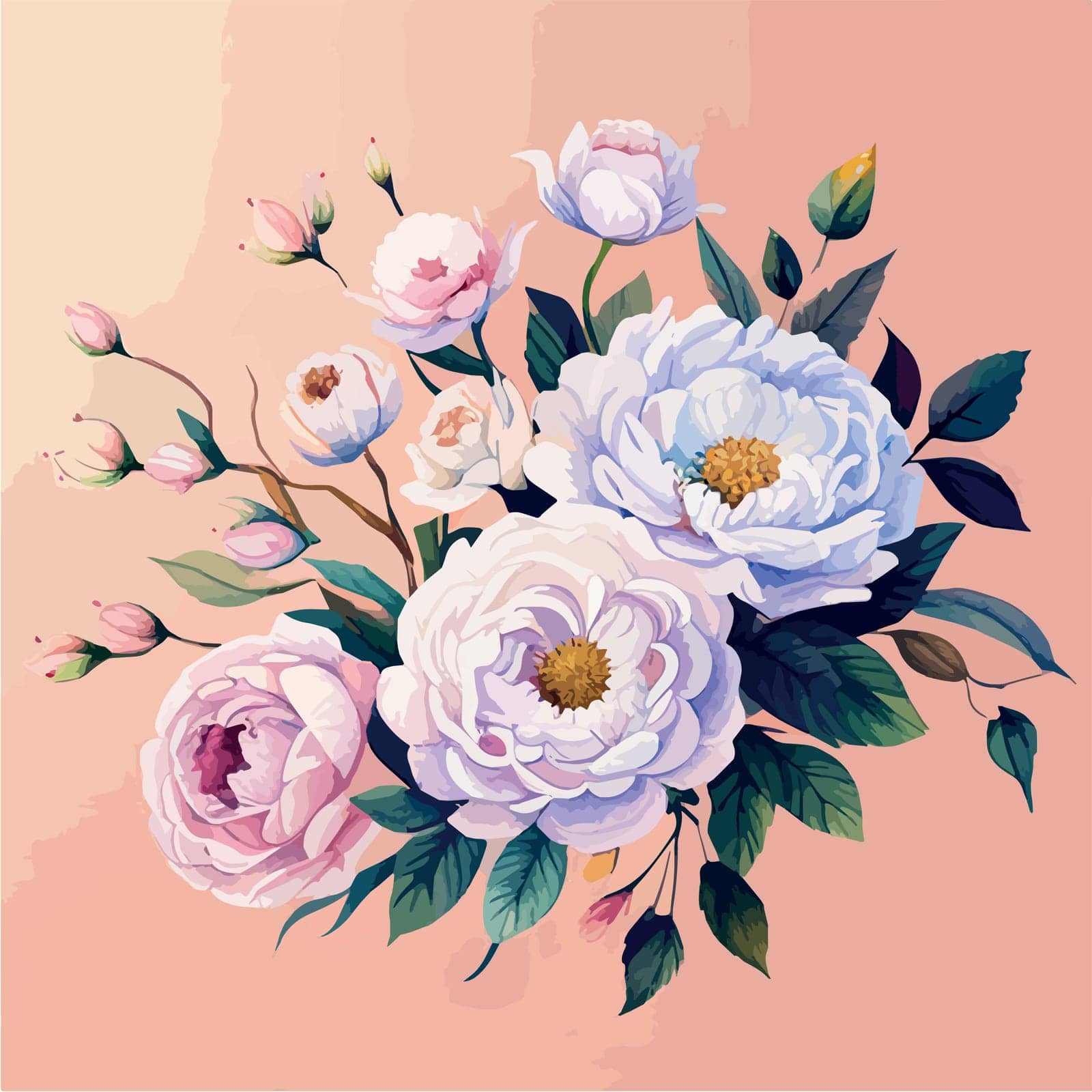 Colored with bouquet peonies. On colored background. Floral vintage bouquet. Vector illustration for greeting cards, wedding invitation cards and summer backgrounds.