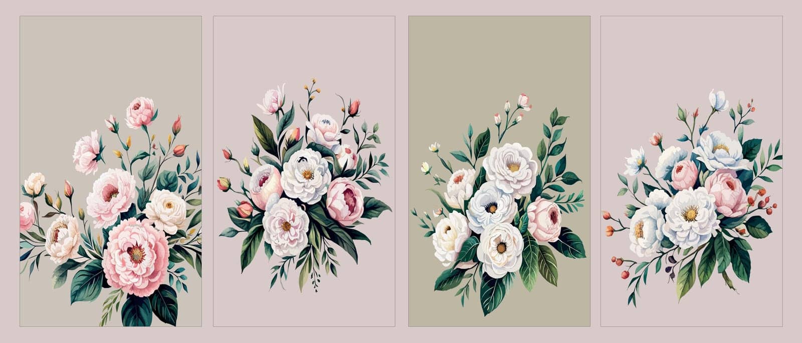 Banner set floral pattern with peonies on light background, watercolor. Template design for textiles, interior, clothes, wallpaper. Botanical art vector illustration